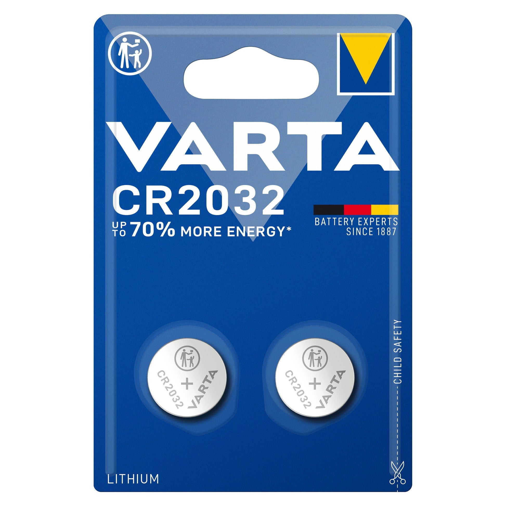 Varta CR2032 litiumbatterier 2-pak, blå emballage, børnesikring fremhævet, tekst: siden 1887.