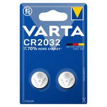 Varta CR2032 litiumbatterier 2-pak, blå emballage, børnesikring fremhævet, tekst: siden 1887.