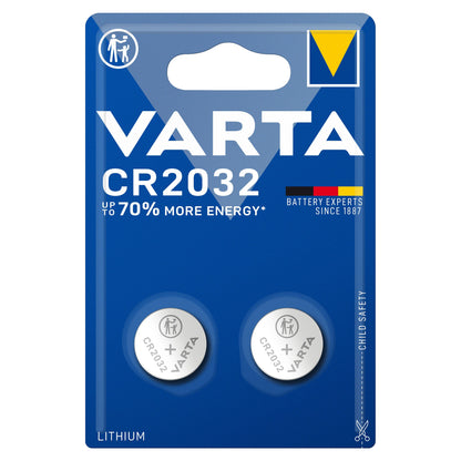 Varta CR2032 litiumbatterier 2-pak, blå emballage, børnesikring fremhævet, tekst: siden 1887.