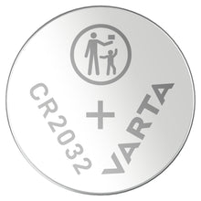 Varta CR2032 litiumbatteri, sølvfarvet, rund, plus-tegn og ikon til batterisikkerhed med voksen og barn, 2-pak.