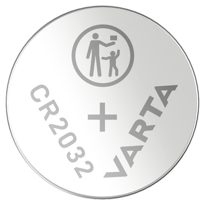 Varta CR2032 litiumbatteri, sølvfarvet, rund, plus-tegn og ikon til batterisikkerhed med voksen og barn, 2-pak.