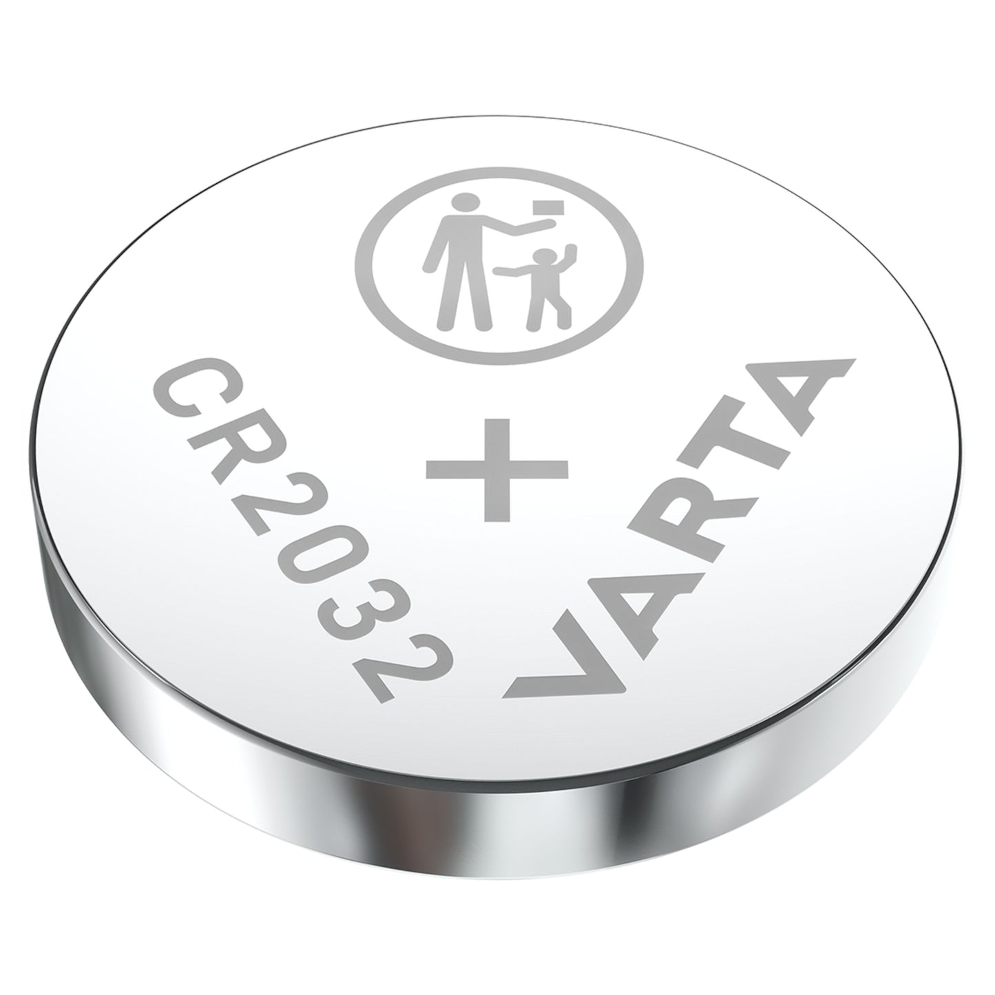 VARTA litiumbatteri CR2032 2-pak i sølv med indgraveret advarselsikon (voksen/barn) og "CR2032 + VARTA" tekst.