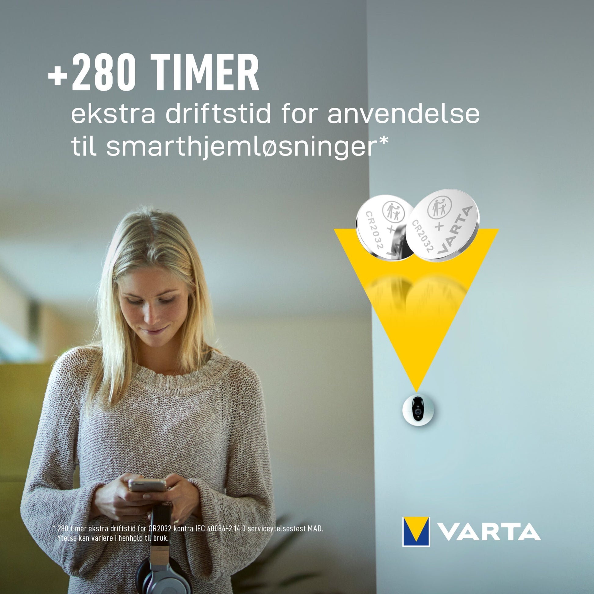 Varta Litiumbatteri CR2032 2-pakke, synlig tekst med +280 timer ekstra driftstid, Varta-logo nederst.
