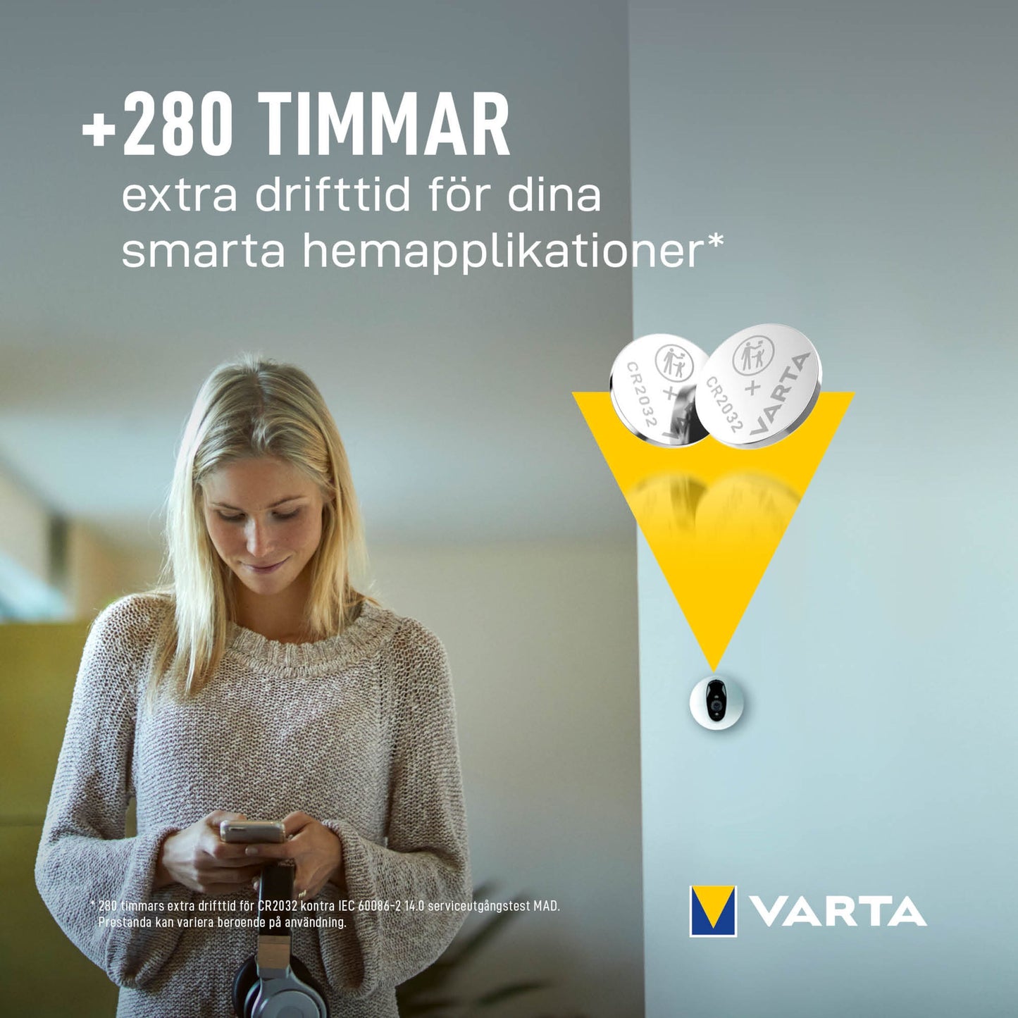Varta Litiumbatteri CR2032 2-pakke, +280 timer ekstra drifttid, Varta logo og svensk tekst synlig.