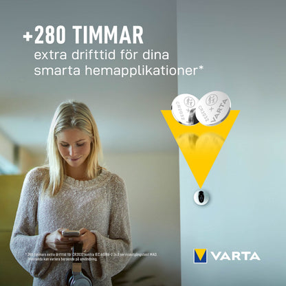 Varta Litiumbatteri CR2032 2-pakke, +280 timer ekstra drifttid, Varta logo og svensk tekst synlig.