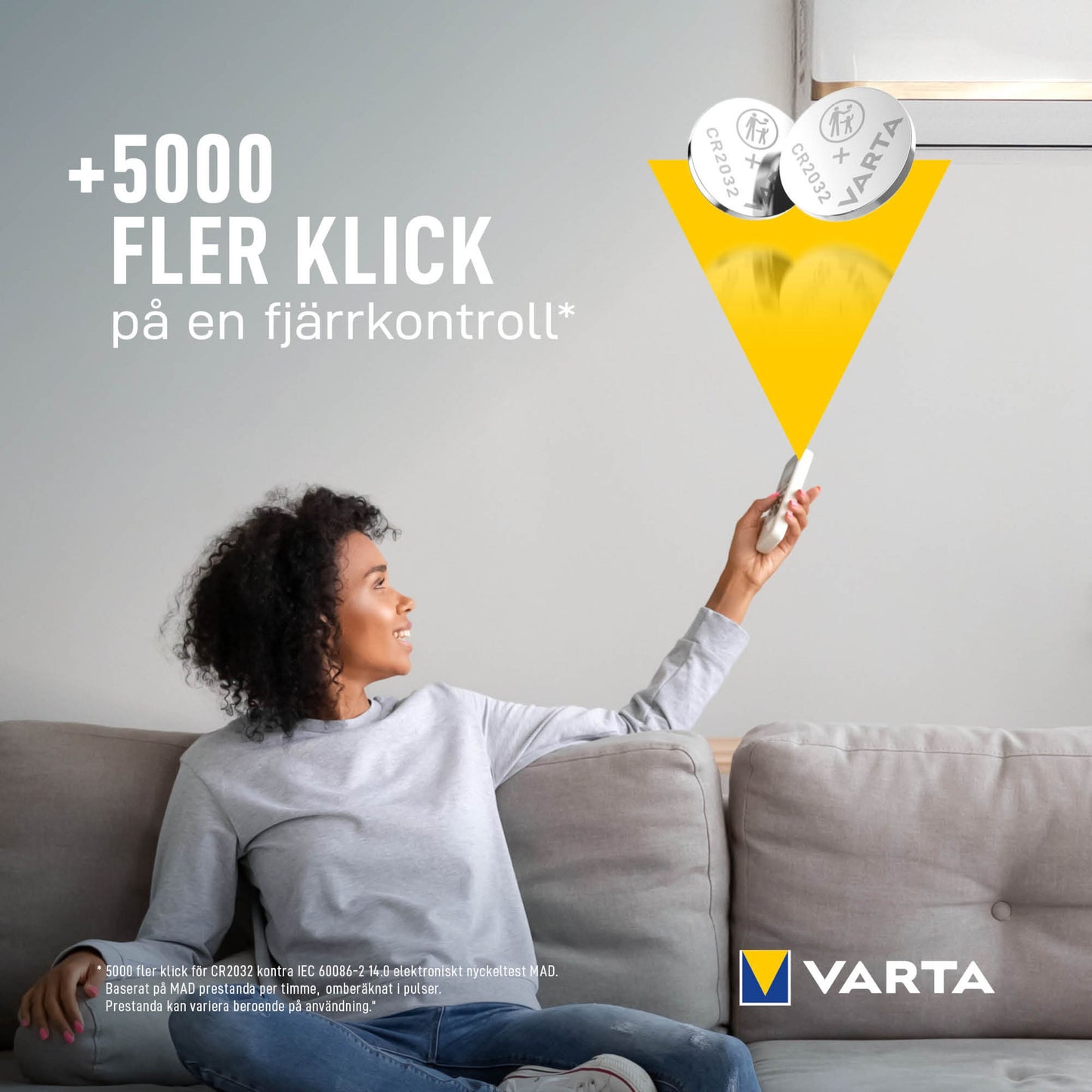 Varta Litiumbatteri CR2032 2-pakke, +5000 FLER KLICK på en fjernbetjening, Varta logo.