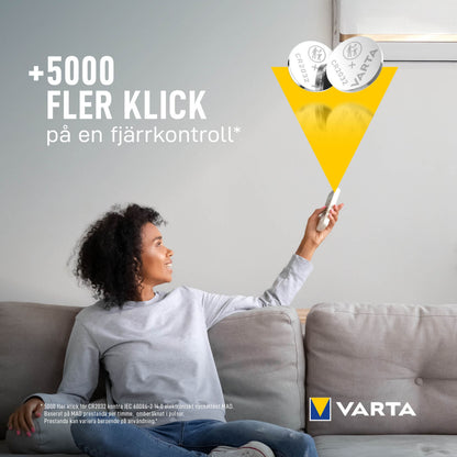Varta Litiumbatteri CR2032 2-pakke, +5000 FLER KLICK på en fjernbetjening, Varta logo.