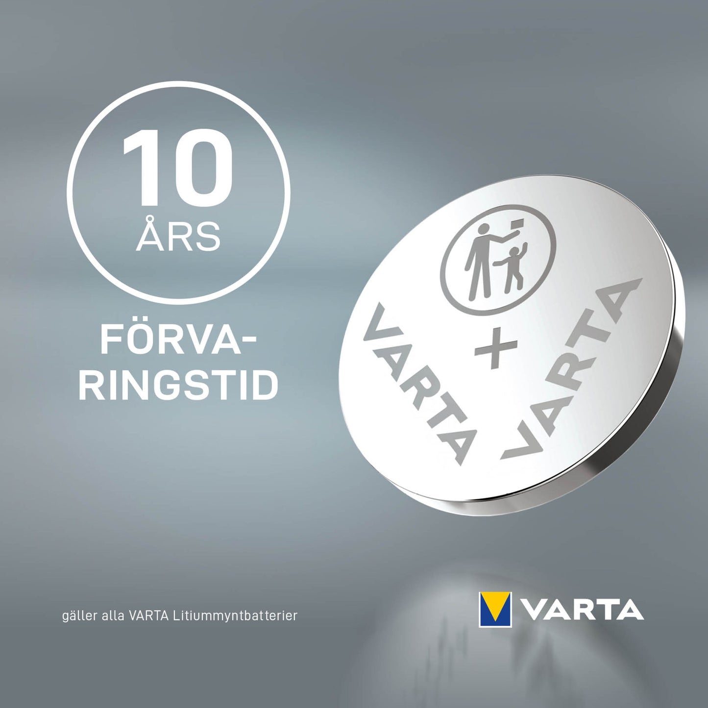 Varta CR2032 litiumbatteri 2-pak sølv med børnesikringsikon og tekst "10 års förvaringstid.