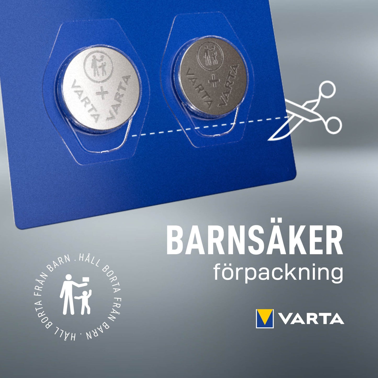 Varta Litiumbatteri CR2032 2-pak, blå børnesikker emballage, streg med saks-ikon, svensk tekst, Varta-logo nederst.