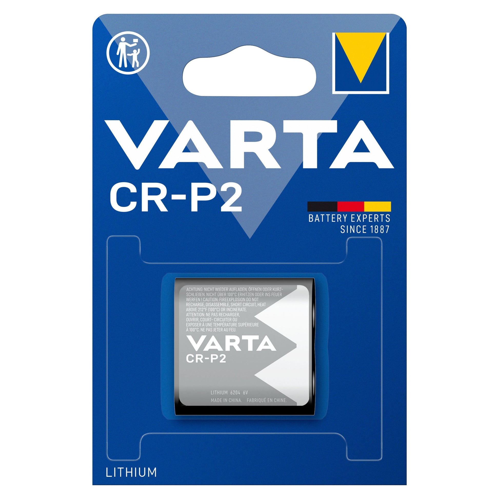 Varta Lithiumbatteri 223/CR-AS5 1-pak, blå emballage med Varta logo og gul trekant, synligt batteri.