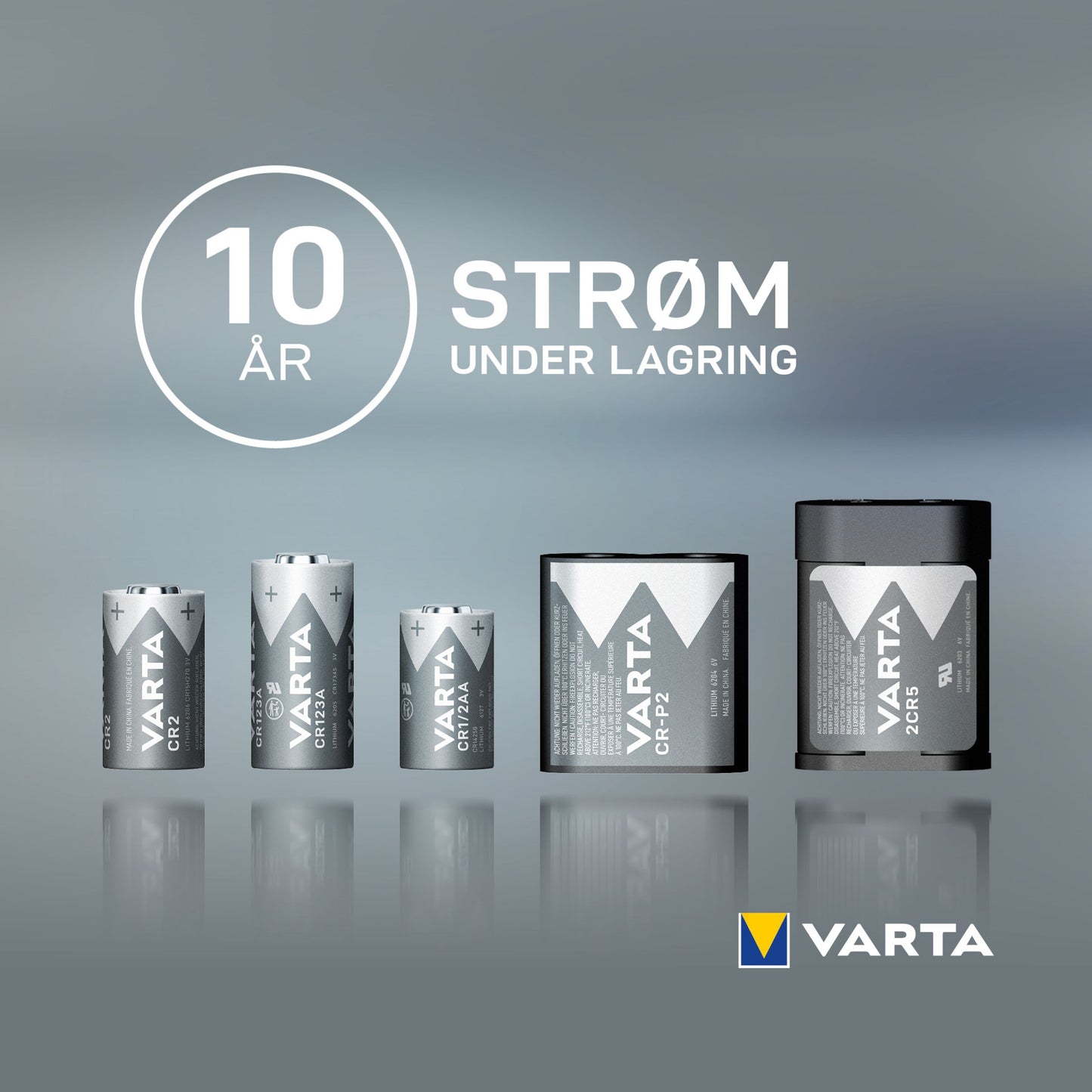 Varta batterier inkl. 223/CR-AS5 1-pakke i flere størrelser, tekst "10 ÅR STRØM UNDER LAGRING", Varta-logo.