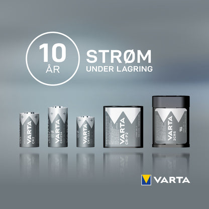 Varta batterier inkl. 223/CR-AS5 1-pakke i flere størrelser, tekst "10 ÅR STRØM UNDER LAGRING", Varta-logo.