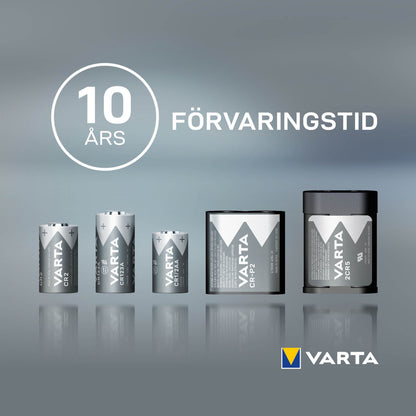 Varta batterier inkl. Litium 223/CR-AS5 1-pakke på grå baggrund, tekst "10 ÅRS FÖRVARINGSTID", Varta-logo.