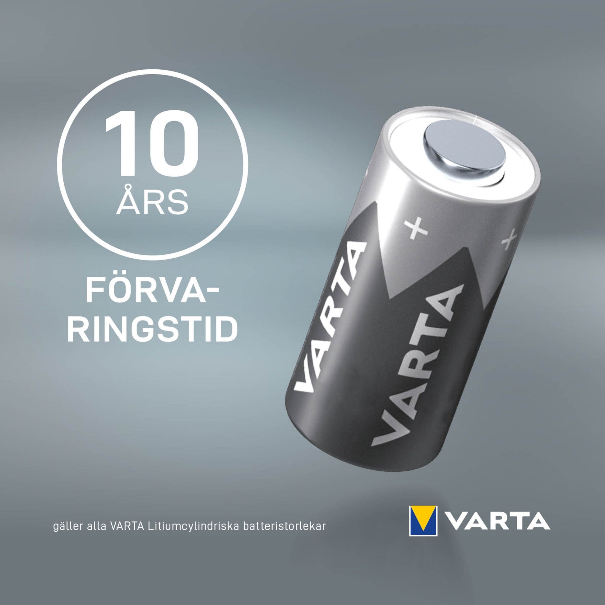 Varta litiumbatteri 223/CR-AS5 1-pak, tekst "10 ÅRS FÖRVARINGSTID", VARTA-logo synligt.