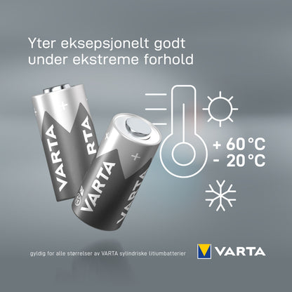 Varta litiumbatteri 223/CR-AS5 1-pak, drift fra -20°C til +60°C, specialbatteri med norsk tekst på emballagen.