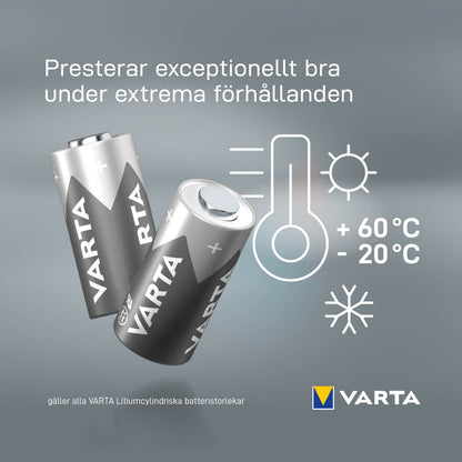 Varta Litiumbatteri 223/CR-AS5 1-pak med termometerikon viser temperaturområde -20°C til +60°C.