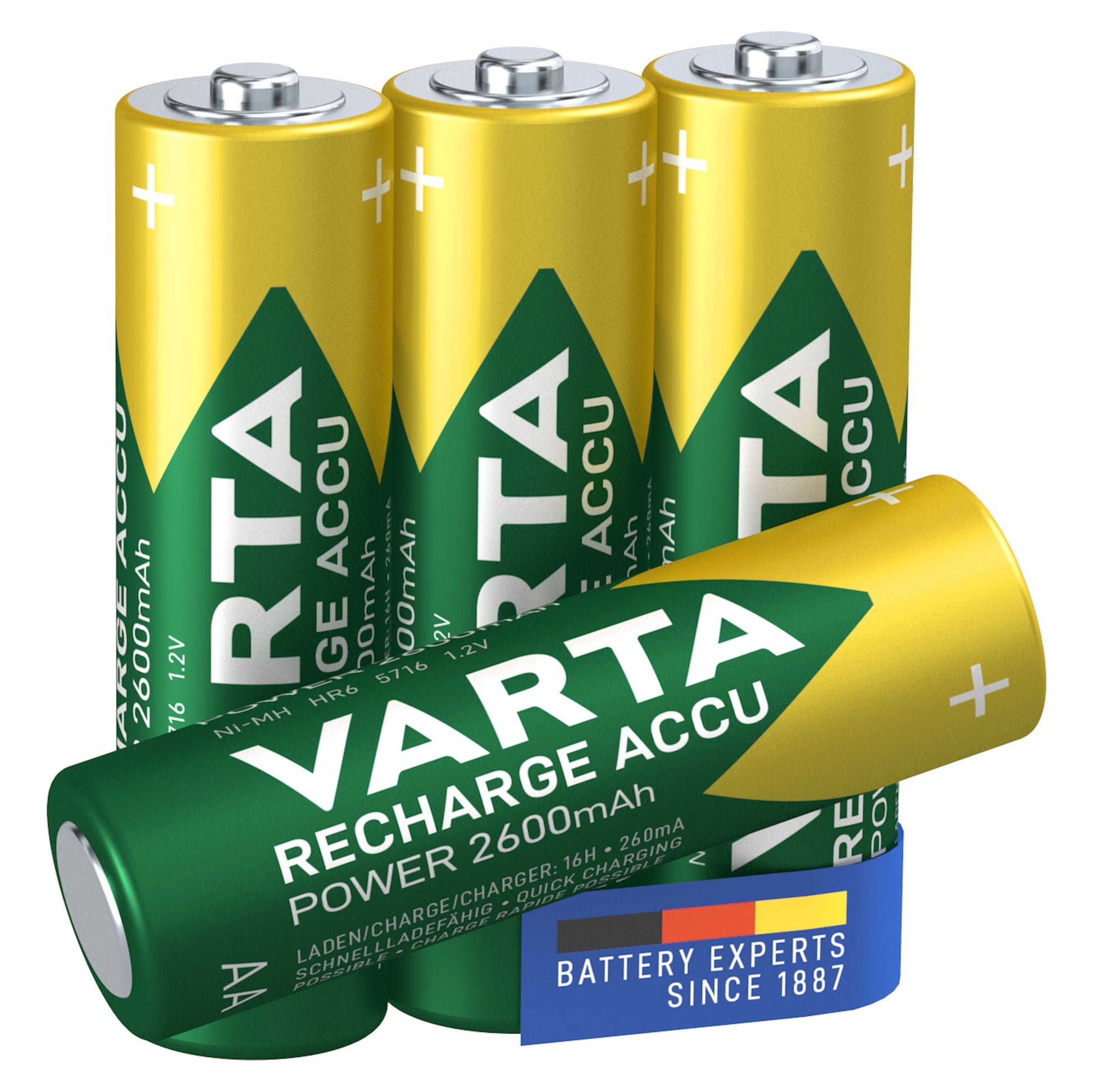 Varta Recharge Accu 2600 mAh AA genopladelige batterier, grøn-gult design, 4 stk, etiket med "Battery Experts Since 1887.