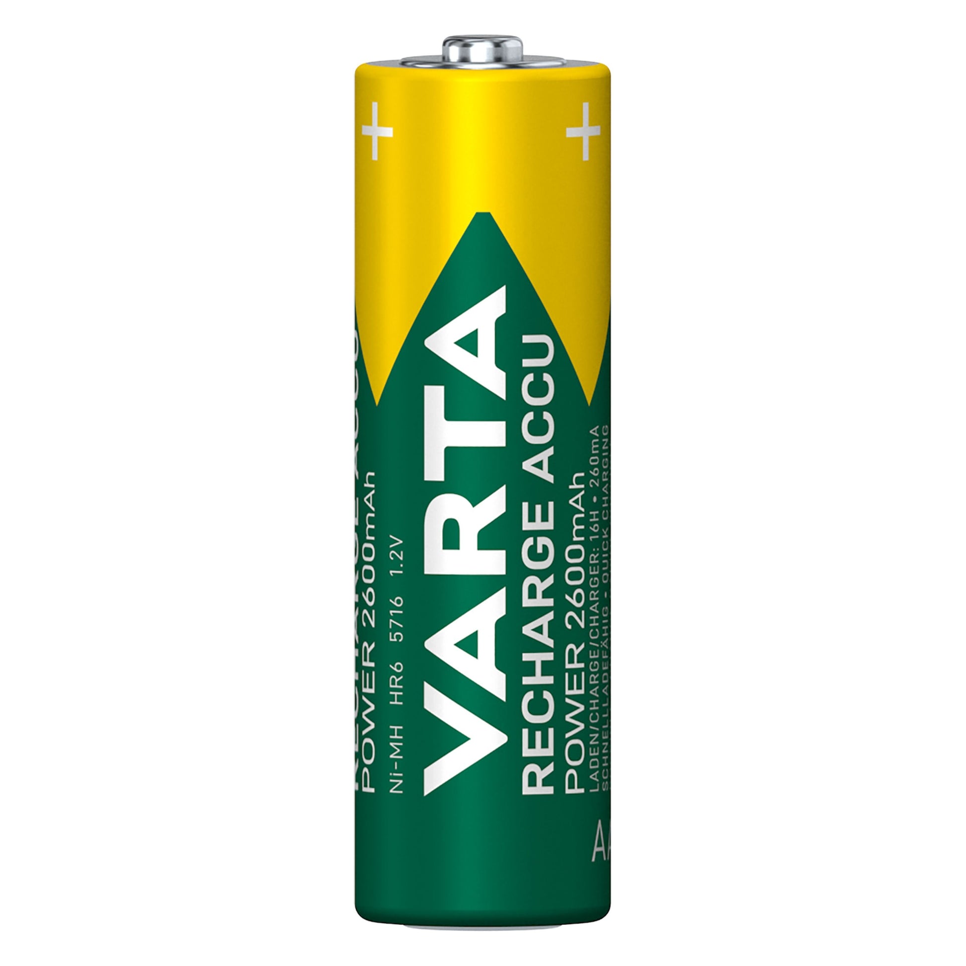 Varta 4-pak Recharge Accu 2600 mAh genopladelige AA-batterier, synlige plus/minuspoler, gult og grønt design.