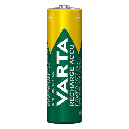 Varta 4-pak Recharge Accu 2600 mAh genopladelige AA-batterier, synlige plus/minuspoler, gult og grønt design.
