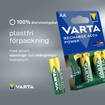 Varta AA Genopladelige batterier 2600 mAh 4-pak plastfri emballage, svensk tekst om miljø, én batteri vist separat.