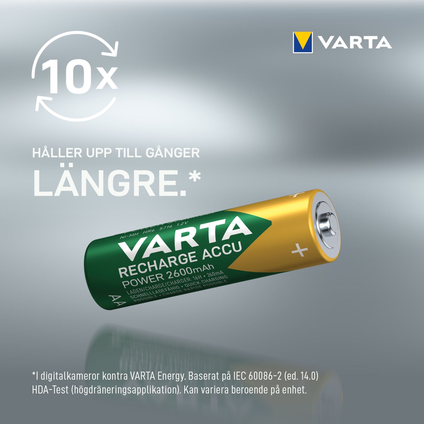 Varta Genopladelige AA-batterier Recharge Accu 2600 mAh 4-pak, Varta logo, svensk tekst og tekniske informationer.
