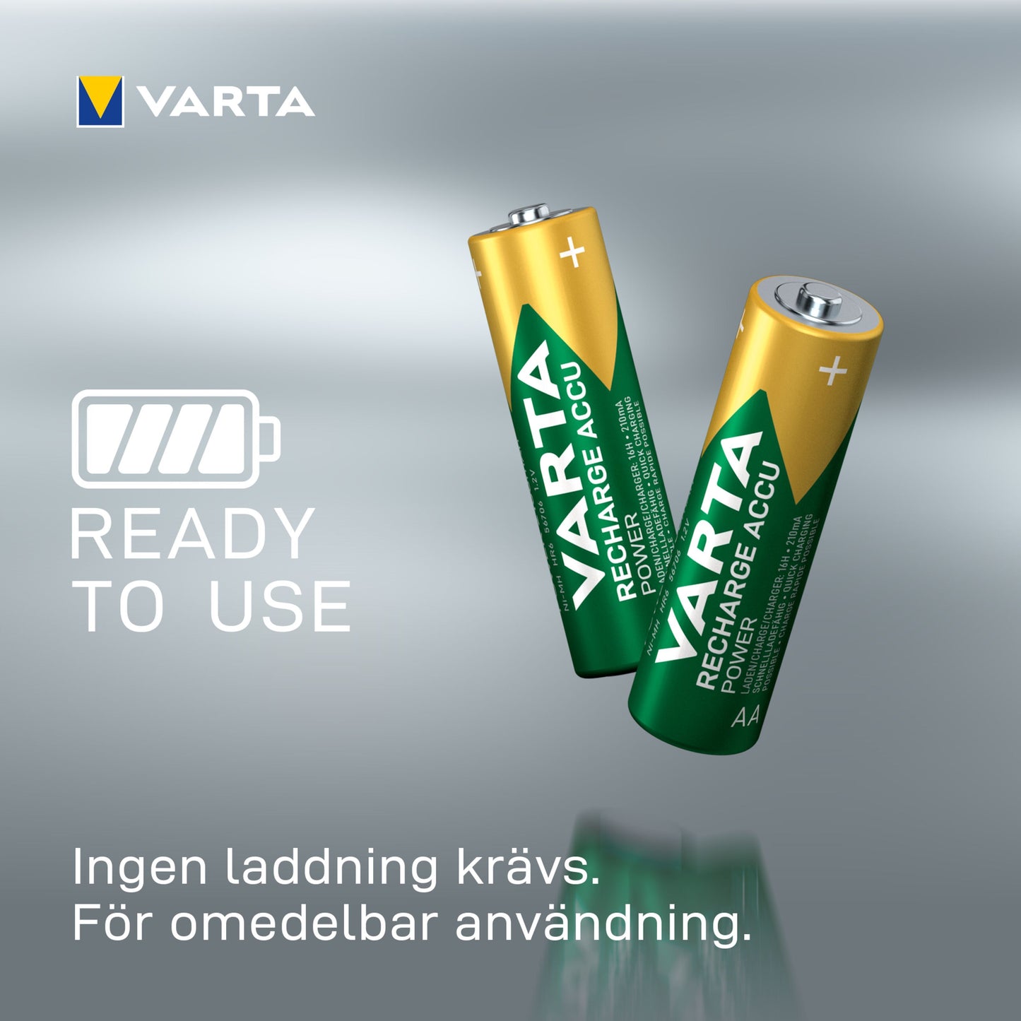 Varta Recharge Accu AA 2600 mAh genopladelige batterier, grøn/guld design, tekst: KLAR TIL BRUG, NiMH 2600 mAh.