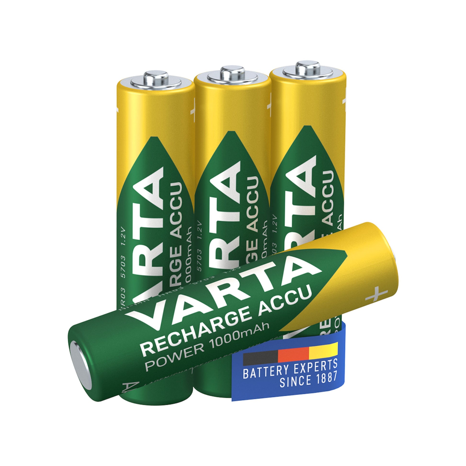 VARTA genopladelige AAA-batterier 1000 mAh 4-pakke, tre oprejst og én liggende, "Battery experts since 1887.