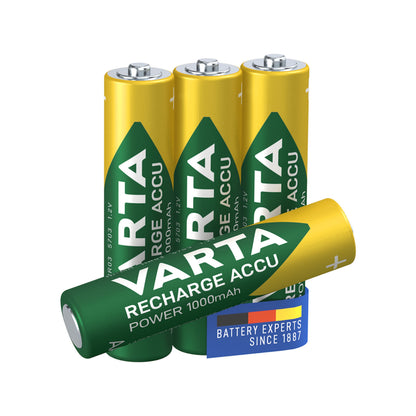 VARTA genopladelige AAA-batterier 1000 mAh 4-pakke, tre oprejst og én liggende, "Battery experts since 1887.