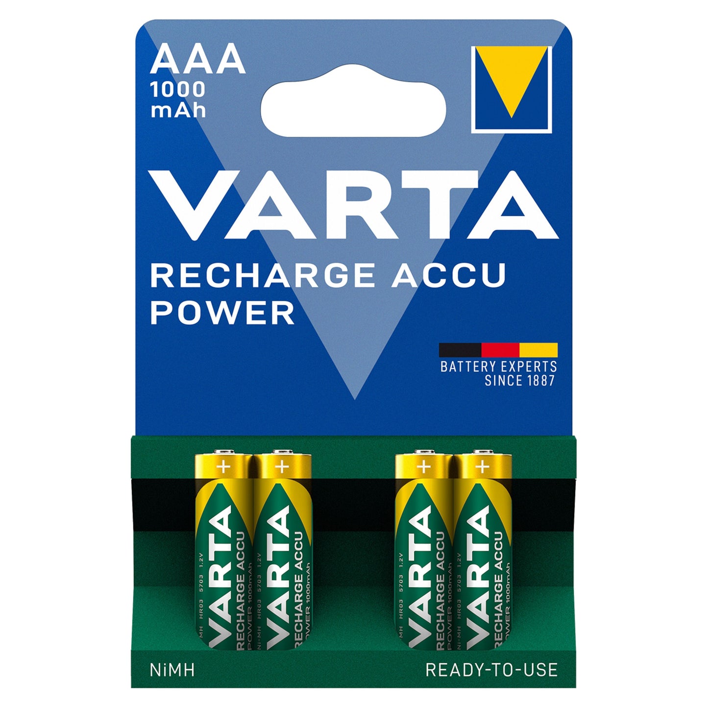 Varta genopladelige AAA-batterier 1000 mAh 4-pak, klar til brug.