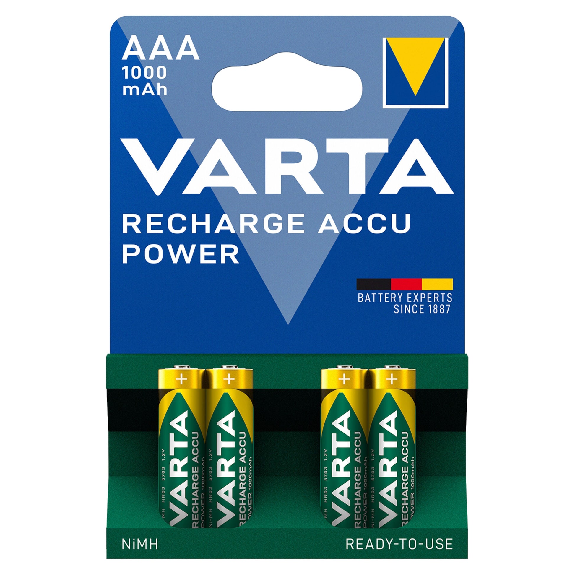 Varta genopladelige AAA-batterier 1000 mAh 4-pak, klar til brug.