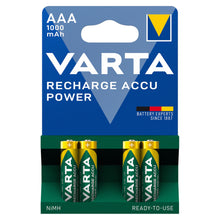 Varta genopladelige AAA-batterier 1000 mAh 4-pak, klar til brug.