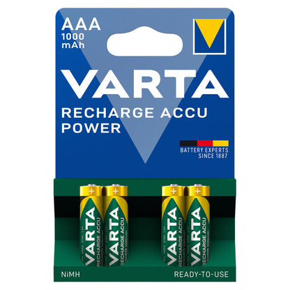 Varta genopladelige AAA-batterier 1000 mAh 4-pak, klar til brug.
