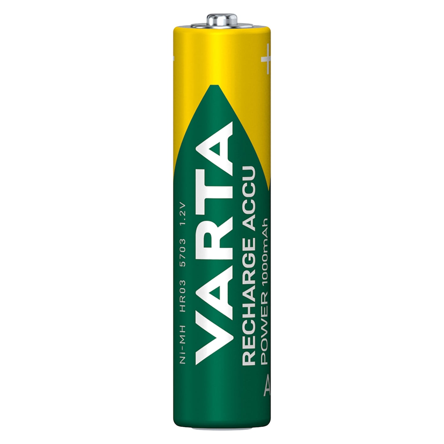 VARTA genopladeligt AAA-batteri 1000 mAh, grønt/gult design, mærket "VARTA RECHARGE ACCU POWER", positiv pol øverst.
