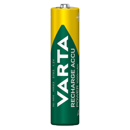 VARTA genopladeligt AAA-batteri 1000 mAh, grønt/gult design, mærket "VARTA RECHARGE ACCU POWER", positiv pol øverst.