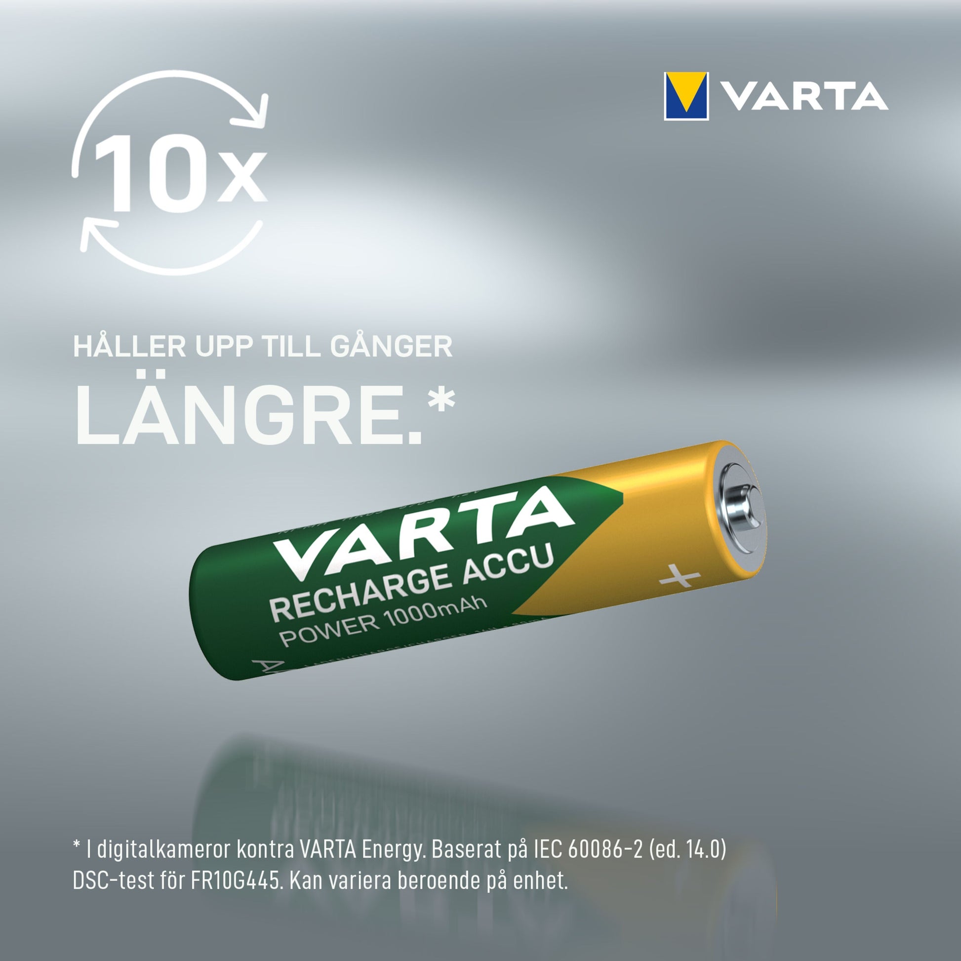 Varta genopladelige AAA-batterier 1000 mAh 4-pak, tekst "10x holder op til gange længere", Varta-logo øverst.