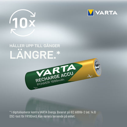 Varta genopladelige AAA-batterier 1000 mAh 4-pak, tekst "10x holder op til gange længere", Varta-logo øverst.