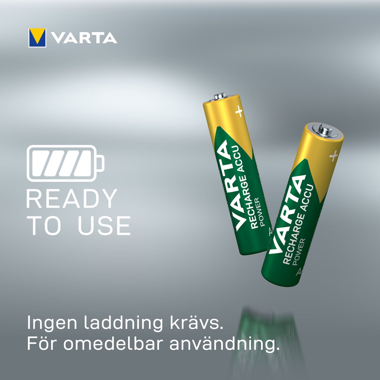 Varta genopladelige AAA-batterier 1000 mAh 4-pak, tekst: READY TO USE, Ingen laddning kræves, batteri-ikon.