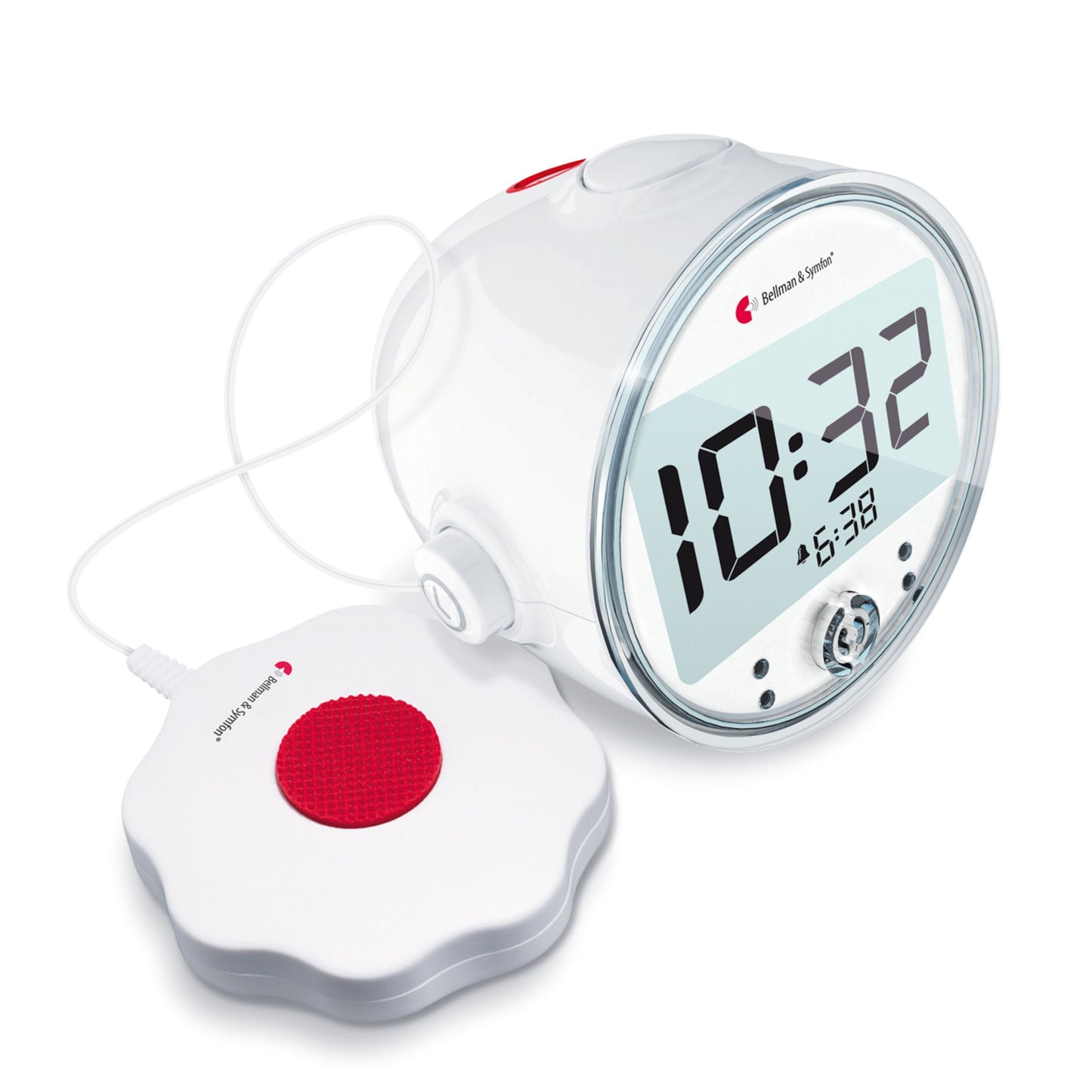 Bellman Symfon vækkeur med vibration, stort display viser 10:32, tilsluttet rund pad med rød knap, logo på ur og pad.