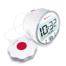 Bellman Symfon vækkeur med vibration, stort display viser 10:32, tilsluttet rund pad med rød knap, logo på ur og pad.
