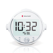 Bellman  Symfon vækkeur med vibration, stor skærm, to sideknapper, logo over display, tid 10:32, alarm 6:38.