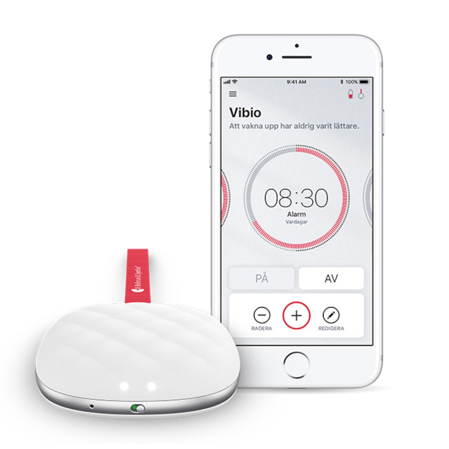 Bellman Symfon Vibio Vækkeur med vibration og rød mærkat ved siden af smartphone med Vibio app alarm sat til hverdag 8:30.