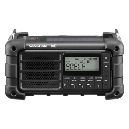 Sangean MMR-99 DAB+ sort nød- og campingradio med digitalt display, sideknapper, solcelle- og håndopladning.
