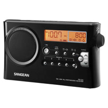 Sangean PR-D4 sort FM-radio med digital tuner, stor venstre højttaler, orange display 100,7 MHz og klokken 8:00, frontknapper.