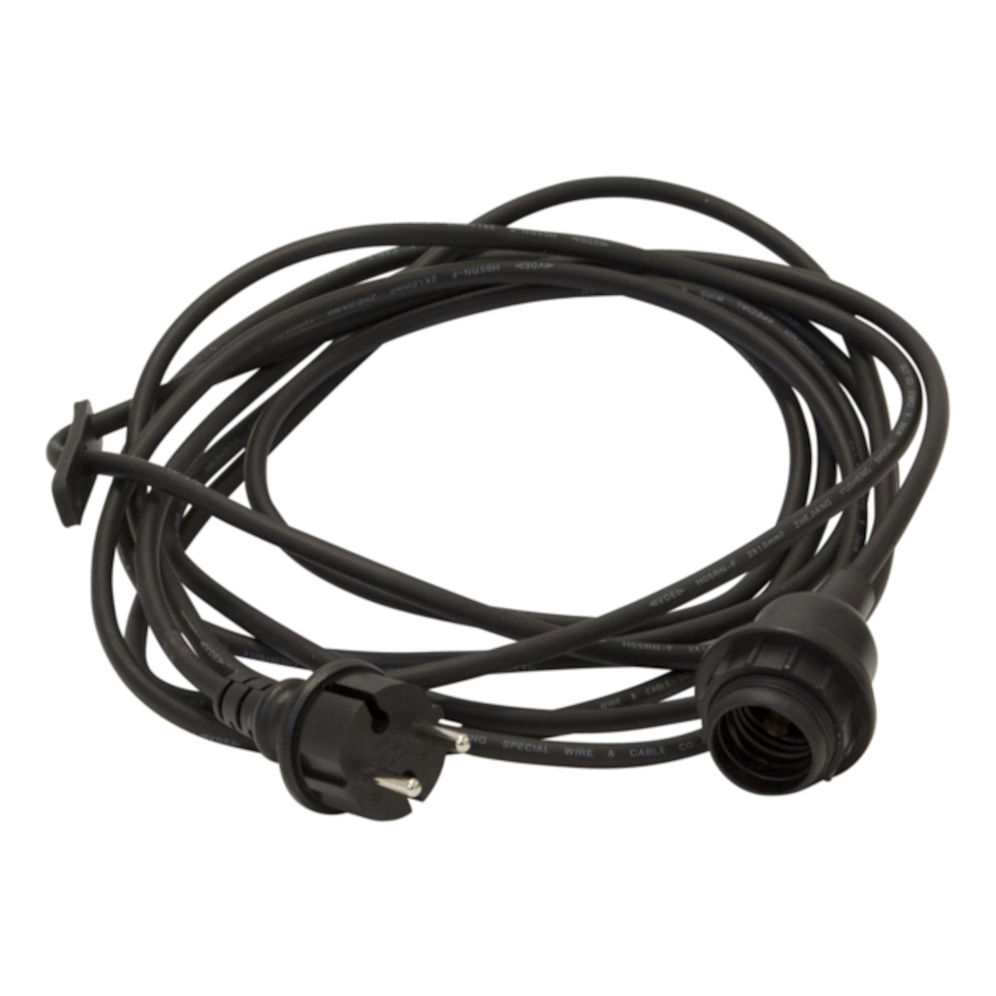 Lampeholder E27 med sort spiral-ledning, Schuko-stik og enkelt fatning, egnet til udendørs brug.