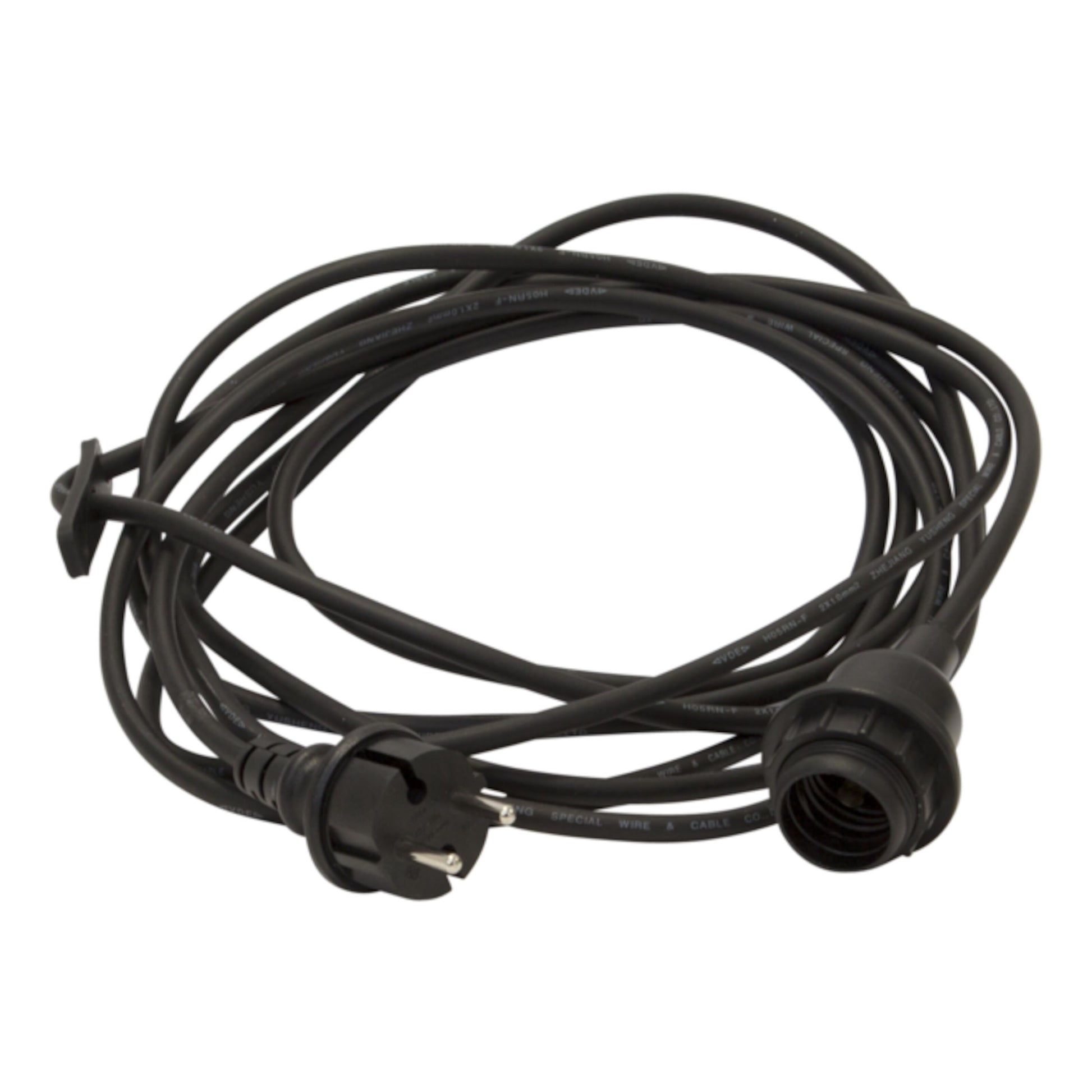 Lampeholder E27 med sort spiral-ledning, Schuko-stik og enkelt fatning, egnet til udendørs brug.