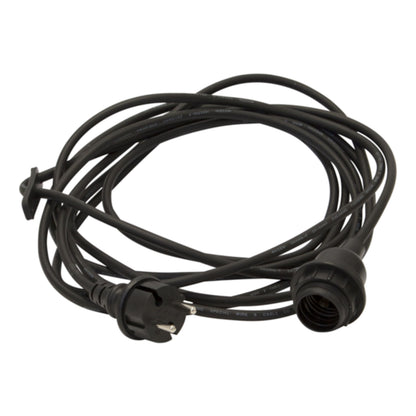 Lampeholder E27 med sort spiral-ledning, Schuko-stik og enkelt fatning, egnet til udendørs brug.