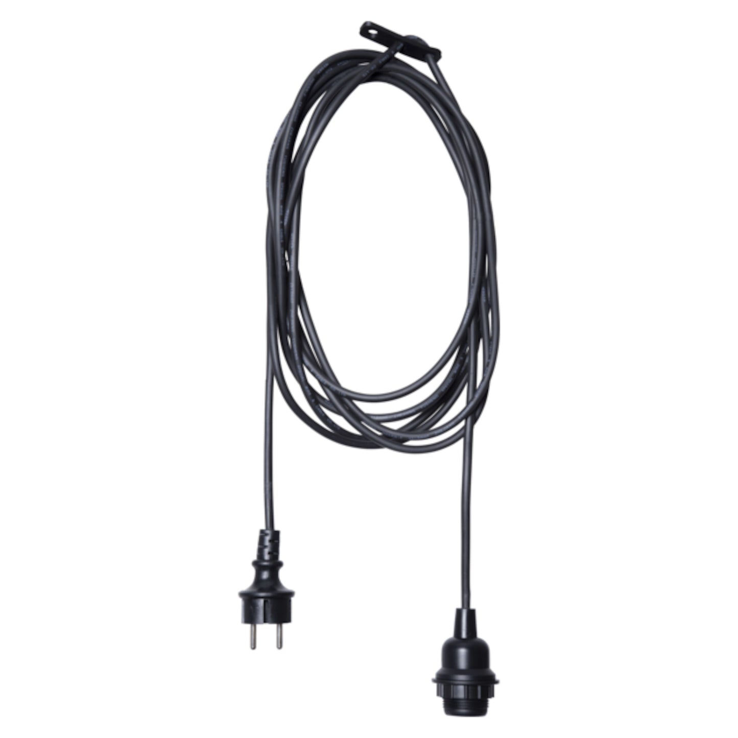 Lampeholder E27 med ledning, lang sort ledning, topmonteret E27 fatning og topmonteret tobenet stikprop.