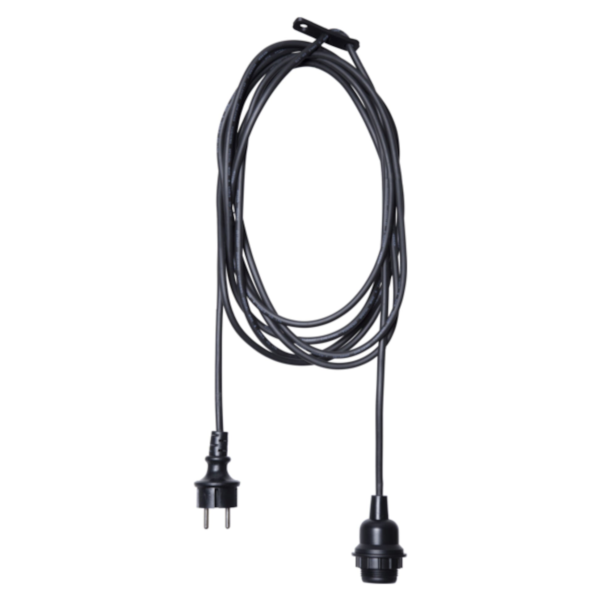 Lampeholder E27 med ledning, lang sort ledning, topmonteret E27 fatning og topmonteret tobenet stikprop.