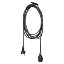 Lampeholder E27 med ledning, lang sort ledning, topmonteret E27 fatning og topmonteret tobenet stikprop.