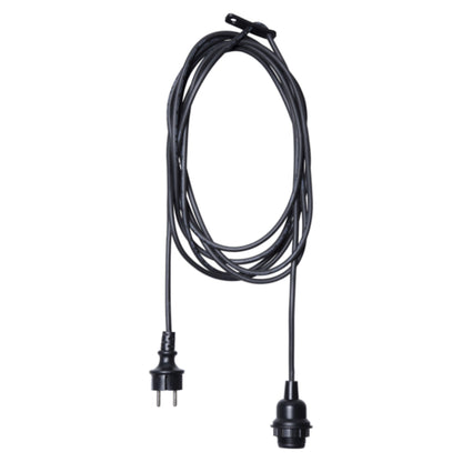 Lampeholder E27 med ledning, lang sort ledning, topmonteret E27 fatning og topmonteret tobenet stikprop.
